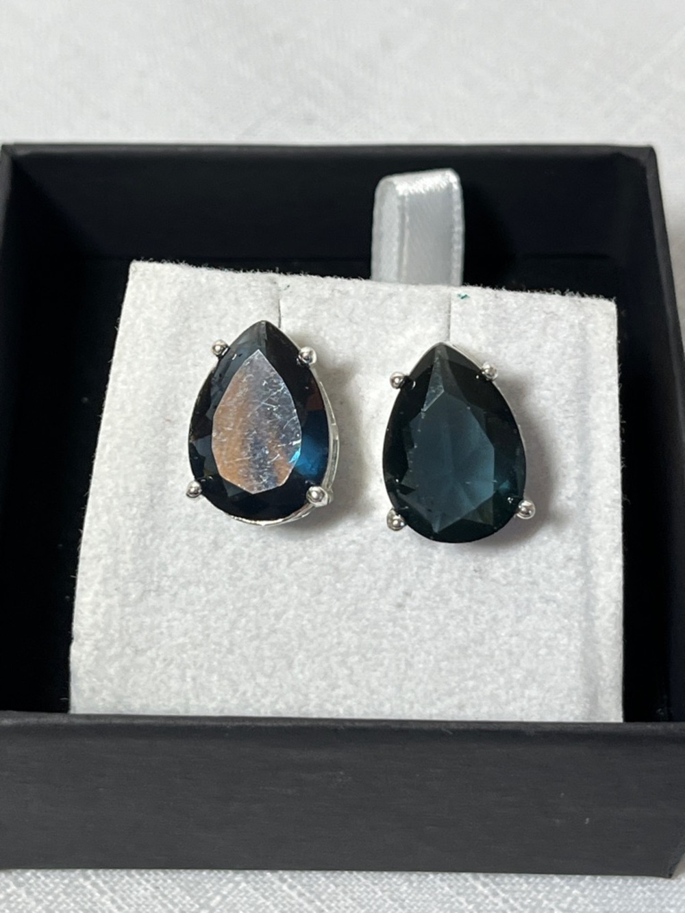 Teardrop Stud Earrings with dark blue crystals. Silver tone. Large. Statement.